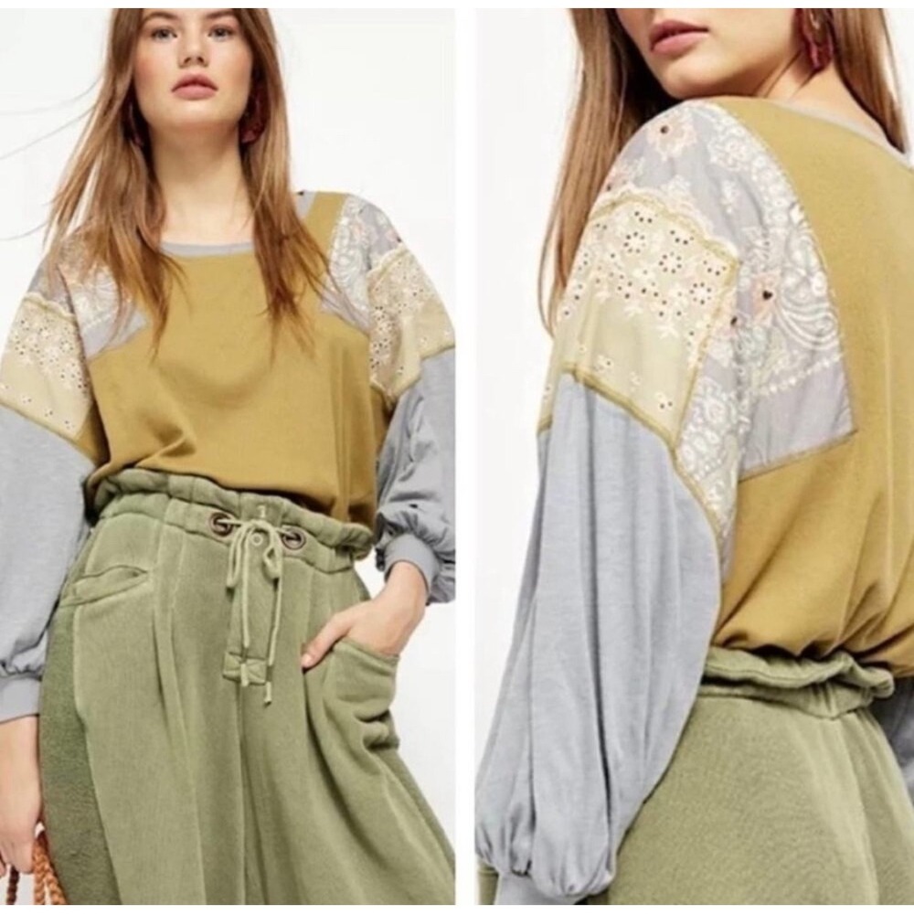 Free‎ People Feeling It Patchwork Sweatshirt Jersey Khaki Blue Paisley Small